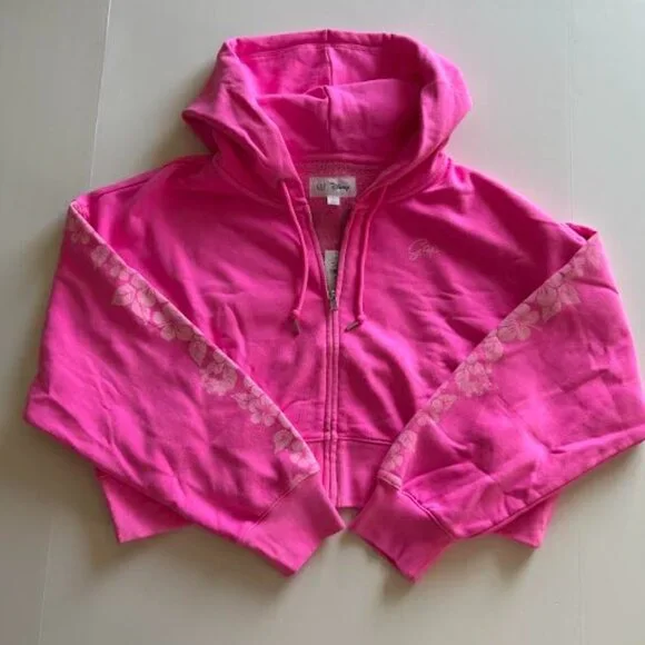 Gap Lilo & Stitch Adult VintageSoft Crop Zip Hoodie Bright Neon Pink S Small - Picture 7 of 9
